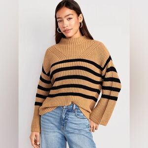 Old Navy Mock-Neck Tunic Sweater Knit Tan and Black Stripe XS